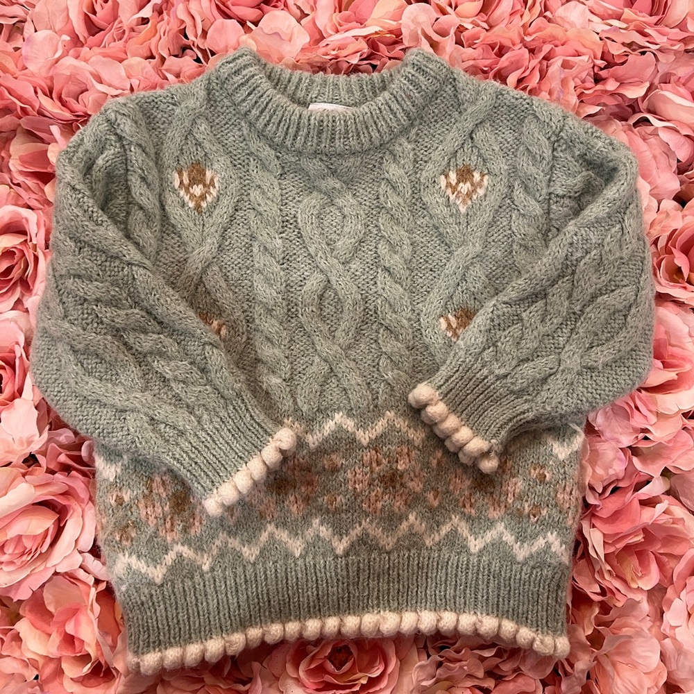 Zara Cable Knit Sweater - Sage Green and Cream